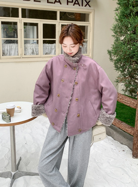 紫色复古毛绒拼接派克羽绒服女冬季2025新款白鸭绒双排扣保暖外套