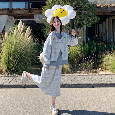 减龄设计感条纹拼接衬衫套装女春