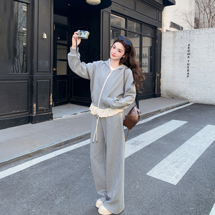 今年流行爆款灰色休闲运动风套装女春季2026新款卫衣阔腿裤两件套