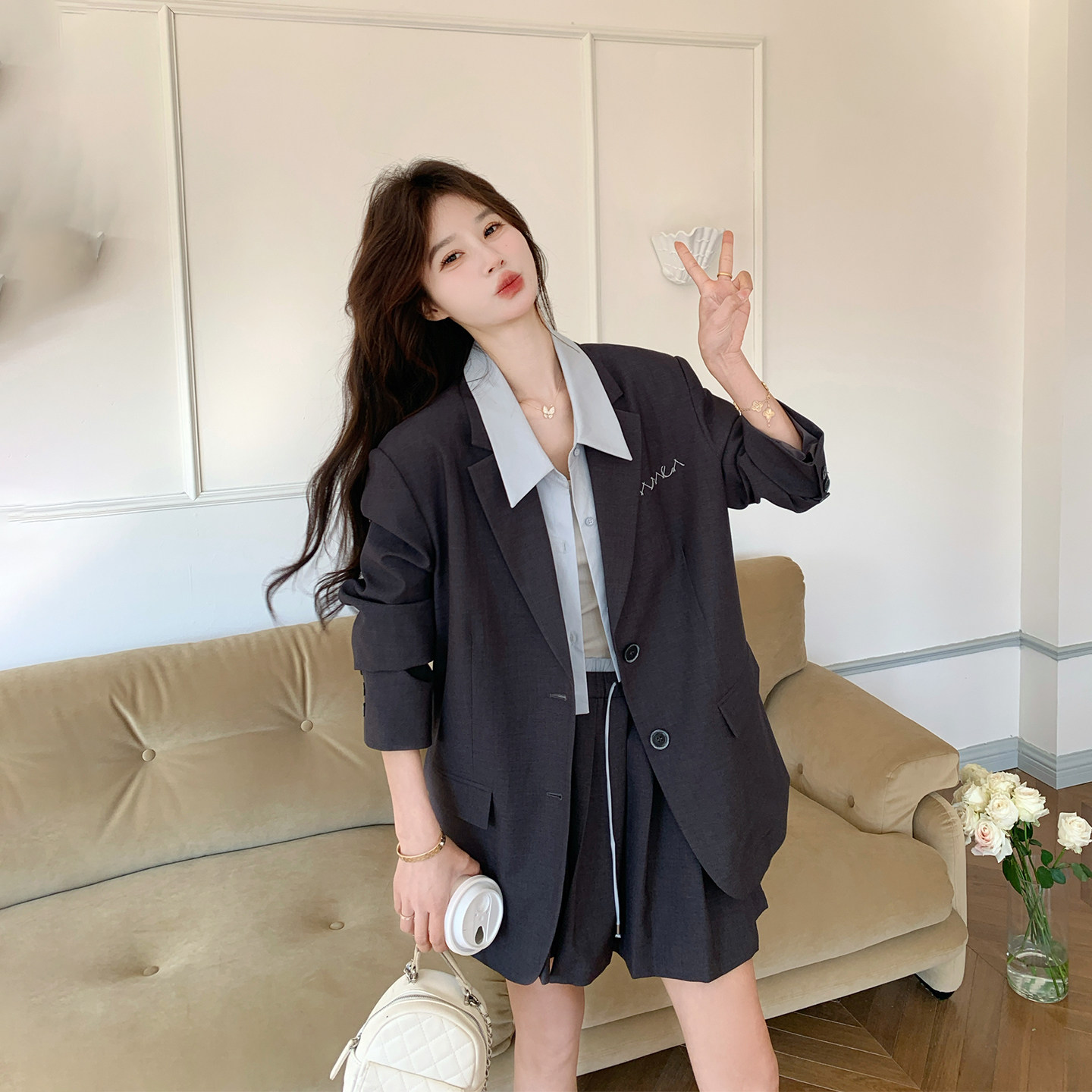 拼接学院风灰色西装百褶裙套装女春季2026新款小个子巨好看两件套