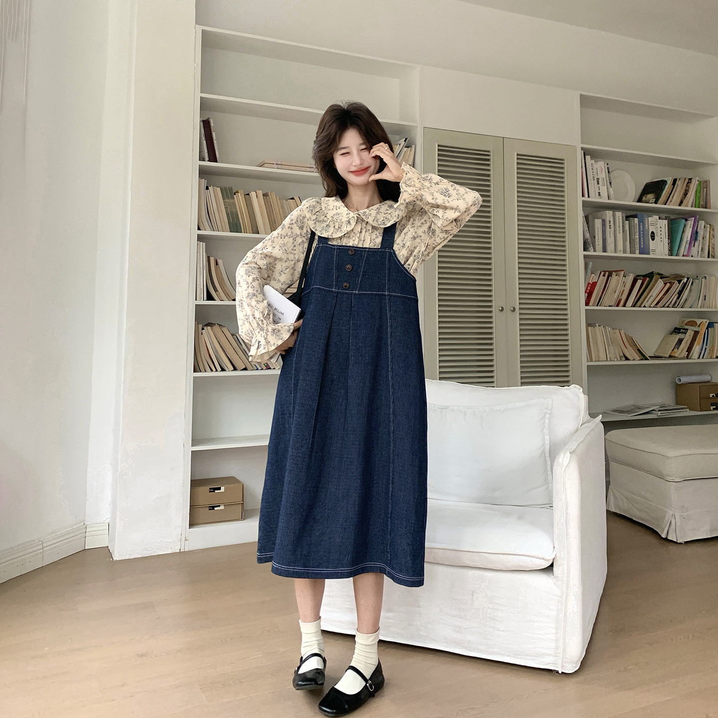 条纹肌理感牛仔背带连衣裙套装女