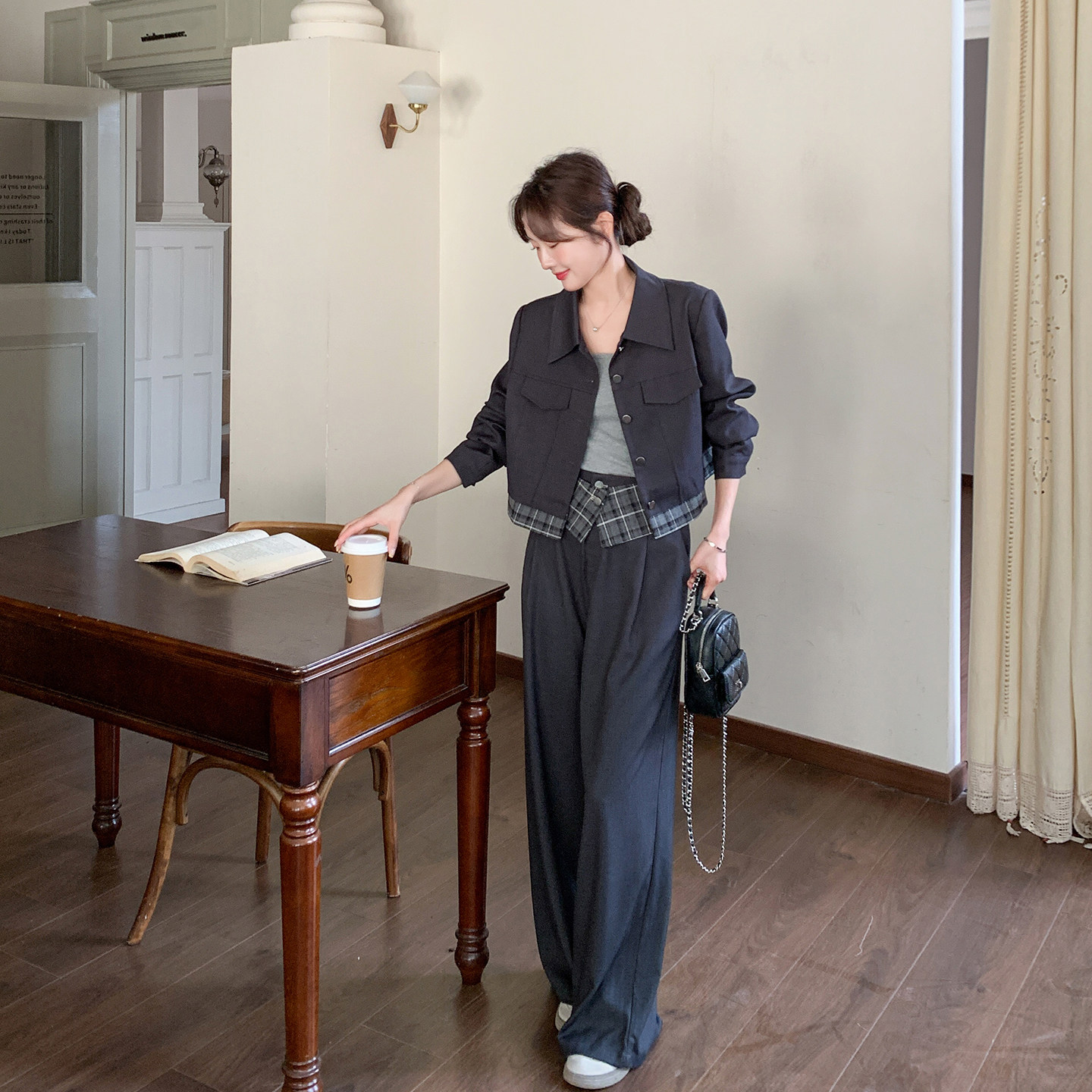 设计感灰色西装阔腿裤套装女春季2026新款ootd穿搭流行爆款两件套