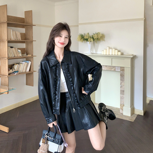 木耳边拼接黑色皮衣外套百褶裙套装女春季2026新款流行爆款两件套