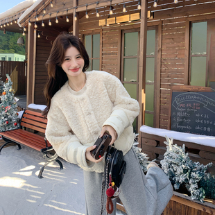 米白色羊羔毛拼接90绒羽绒服女冬季2025新款短款小个子白鸭绒外套