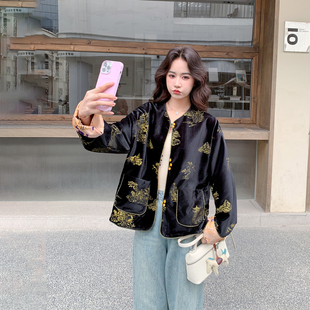 新中式国风丝绒刺绣两面穿黑色外套女春季2026新款小个子短款上衣