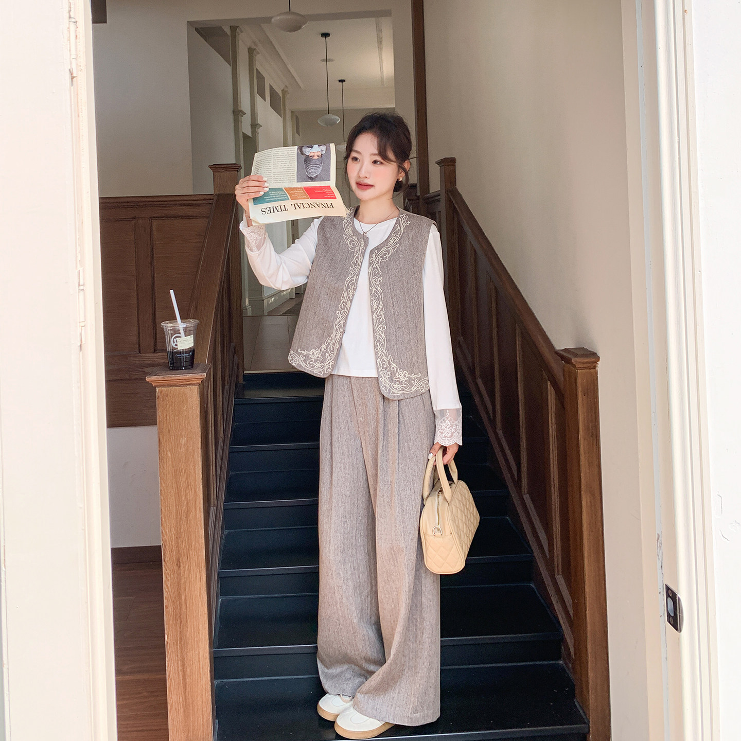 复古松弛感通勤提花马甲套装女春