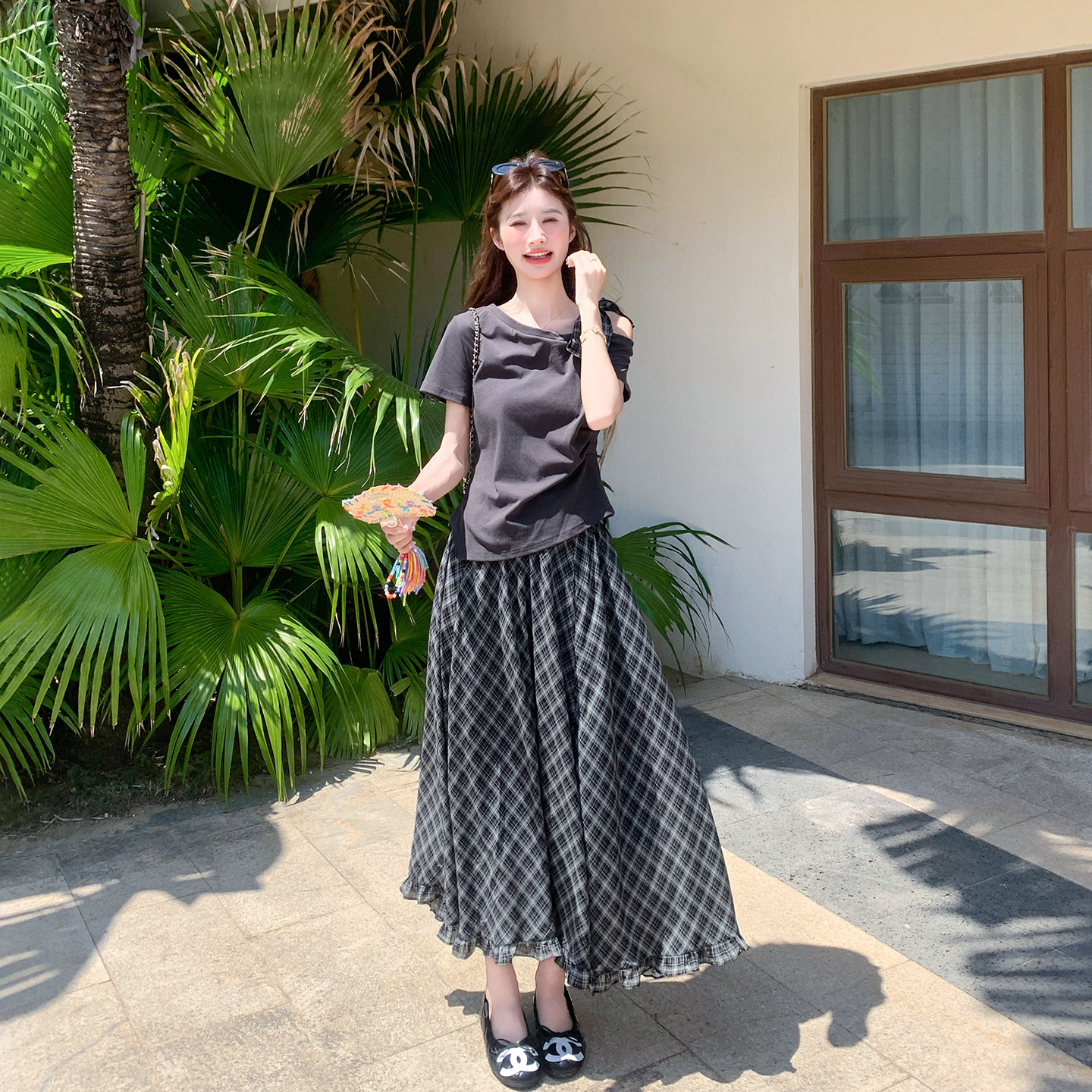 设计感露肩T恤格子半身裙套装女