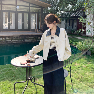 撞色翻领美式复古白色皮衣外套女春季2026新款短款小个子PU皮夹克