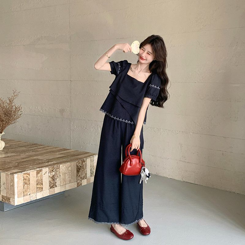 巨好看蕾丝拼接牛仔衬衫套装女夏季2026新款大方得体阔腿裤两件套