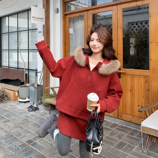 加绒加厚红色波点连帽卫衣短裙套装女冬季千金风甜美小个子两件套