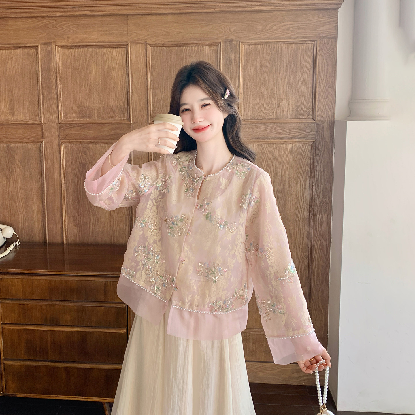国风钉珠欧根纱粉色外套女春季新