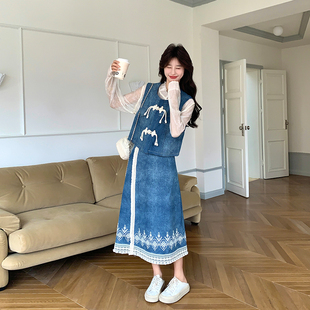 新中式牛仔马甲刺绣半身裙套装女春季2026新款工装减龄衬衫三件套