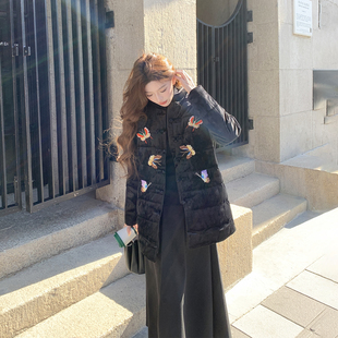 新中式国风丝绒刺绣黑色90绒羽绒服女冬季2025新款显瘦高级感外套