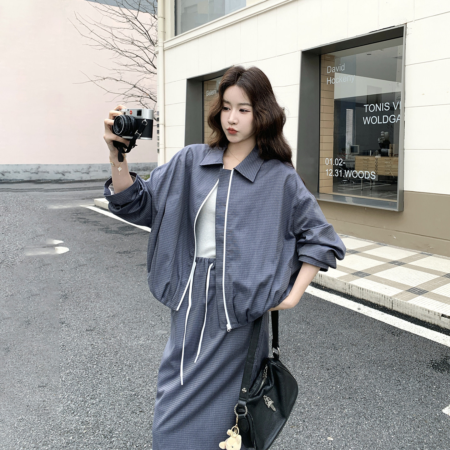 复古格子翻领短外套半身裙套装女