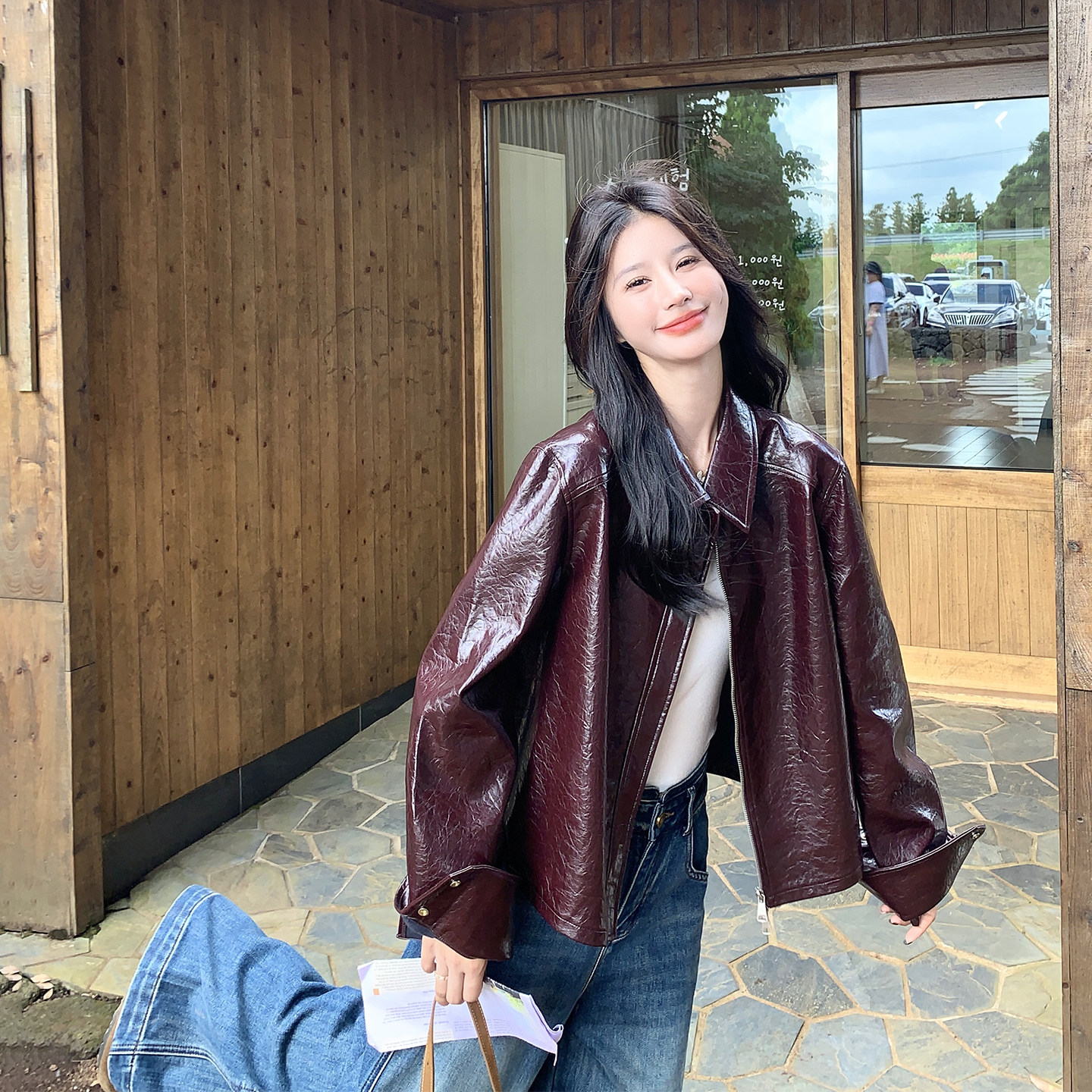 安可拉红翻领短款皮衣外套女春季