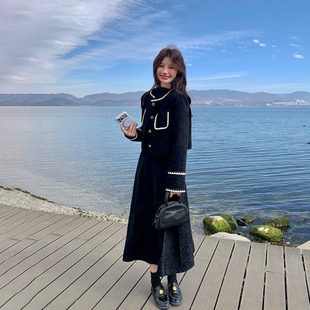 千金风绝美黑色拼接上衣套装女春季2026新款独特漂亮半身裙两件套