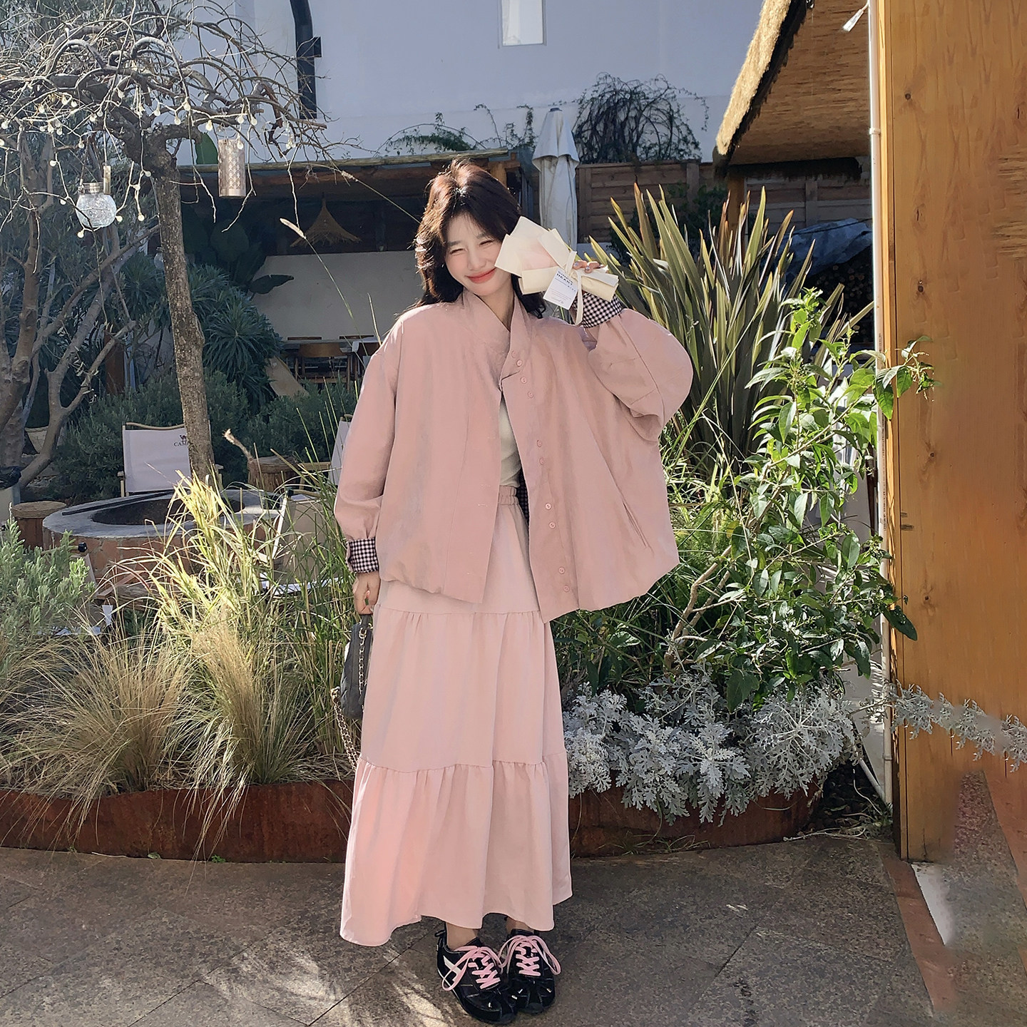 粉色甜美格子两面穿短外套女春季
