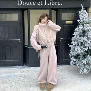 奶呼呼甜美粉色加绒毛绒绒卫衣长裤套装女冬季2025新款漂亮两件套