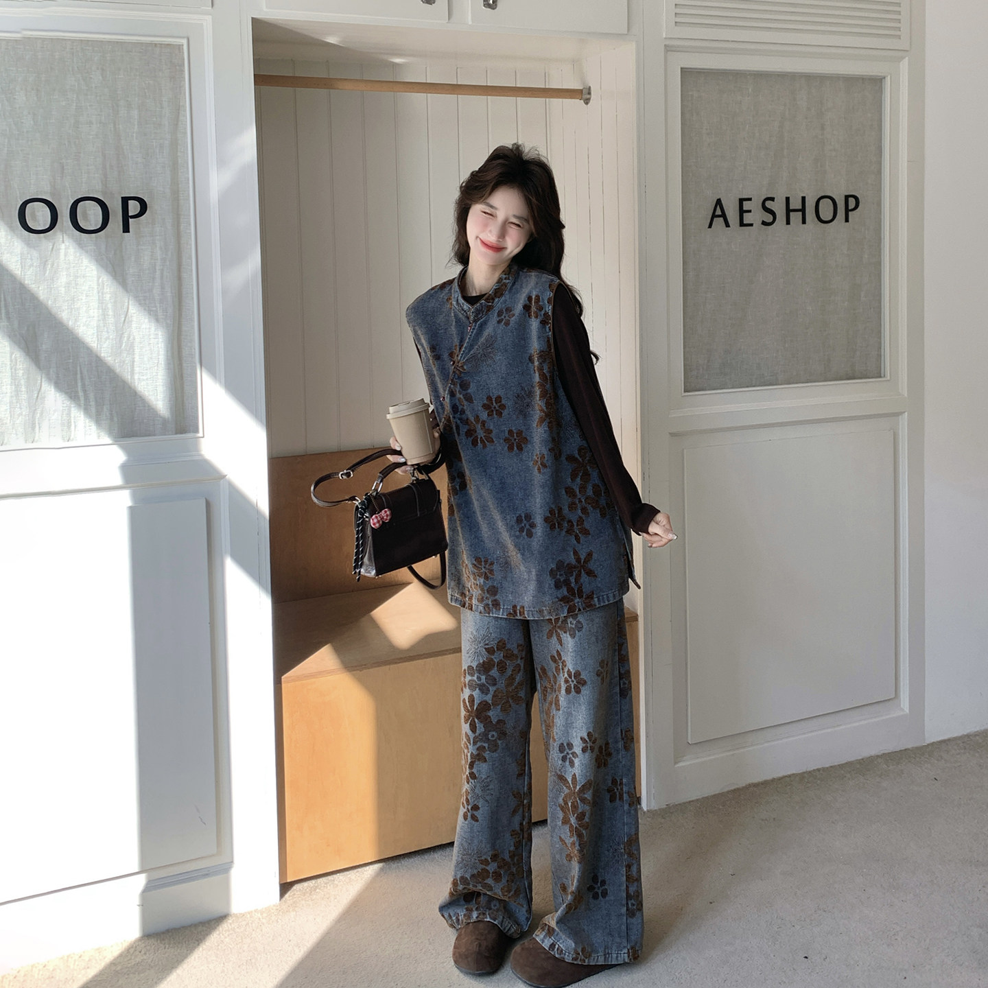 新中式国风复古印花牛仔背心套装女春季2026新款T恤阔腿裤三件套