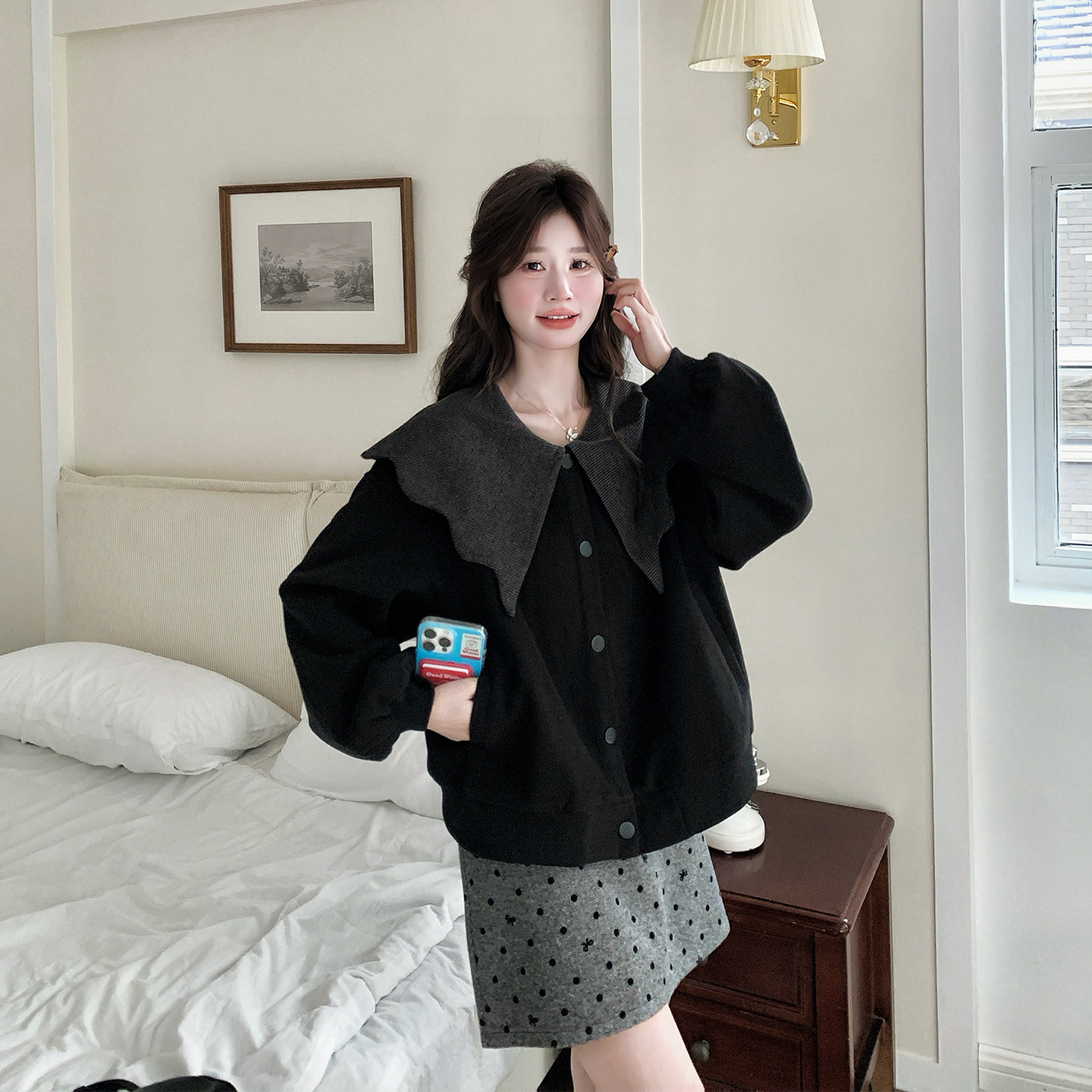 独特漂亮甜美娃娃领黑色外套女春季2026新款小个子爆款学院风夹克