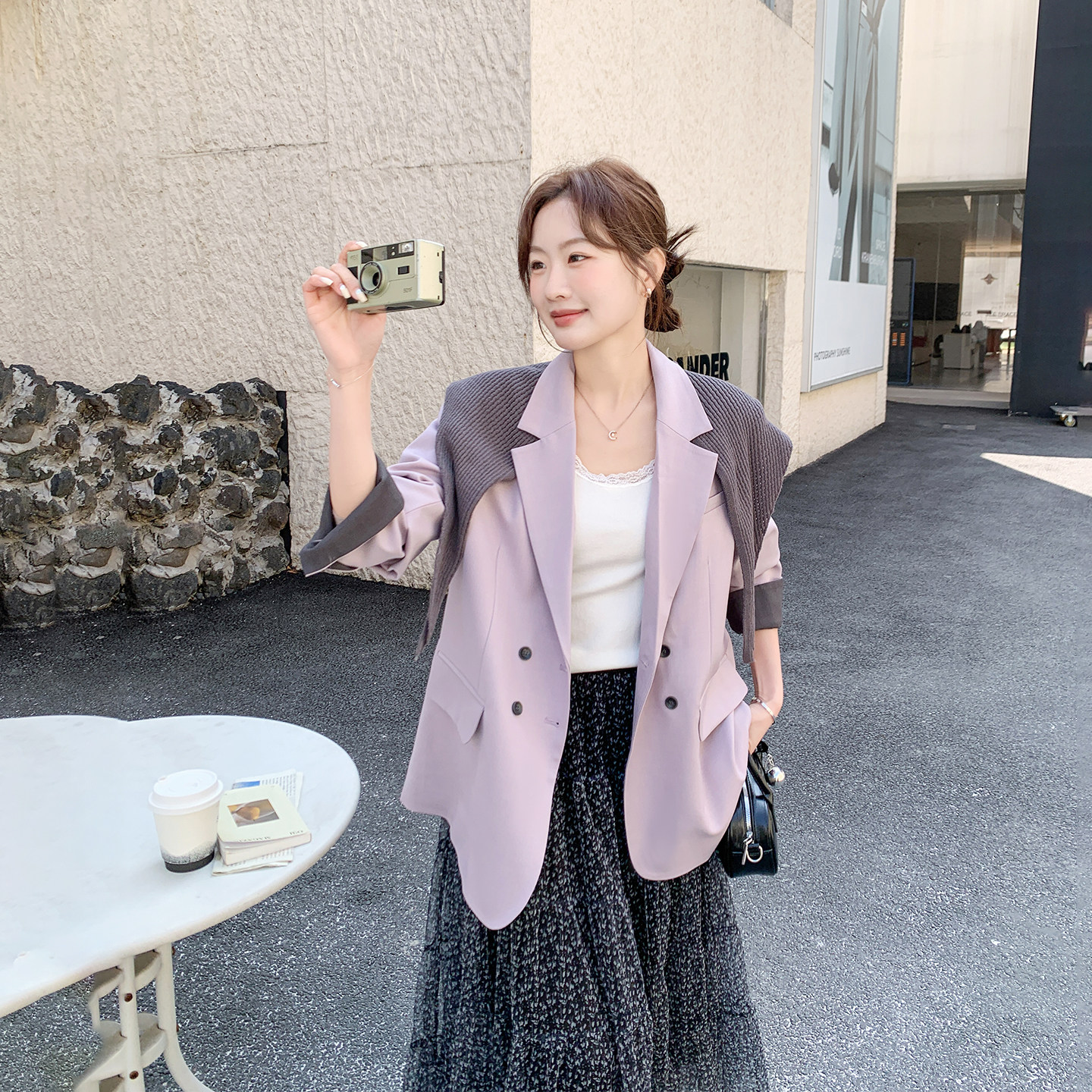 爆款高级感紫色西装碎花半身裙套装女春季2026新款两件套独特漂亮