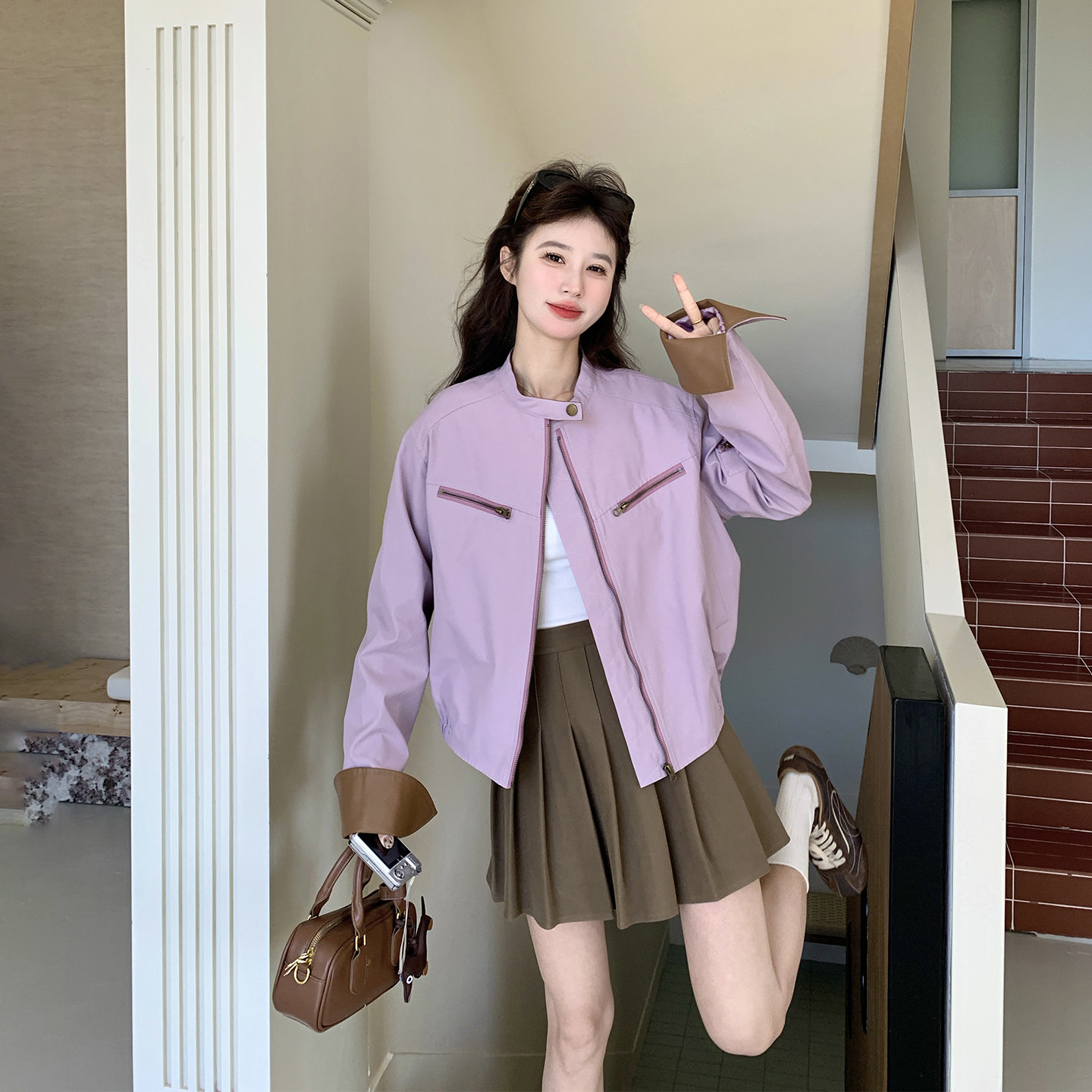 PU皮拼接紫色立领外套女春季2026新款短款小个子流行超火显瘦夹克