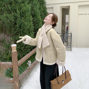 黄色皮毛一体加绒加厚毛毛外套女冬2025新款气质短款小个子麂皮绒