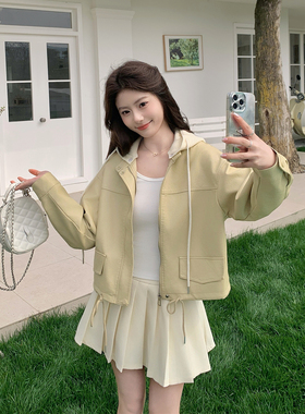 甜酷风时尚连帽黄色皮衣外套女春季2026新款小个子PU夹克俏皮活泼