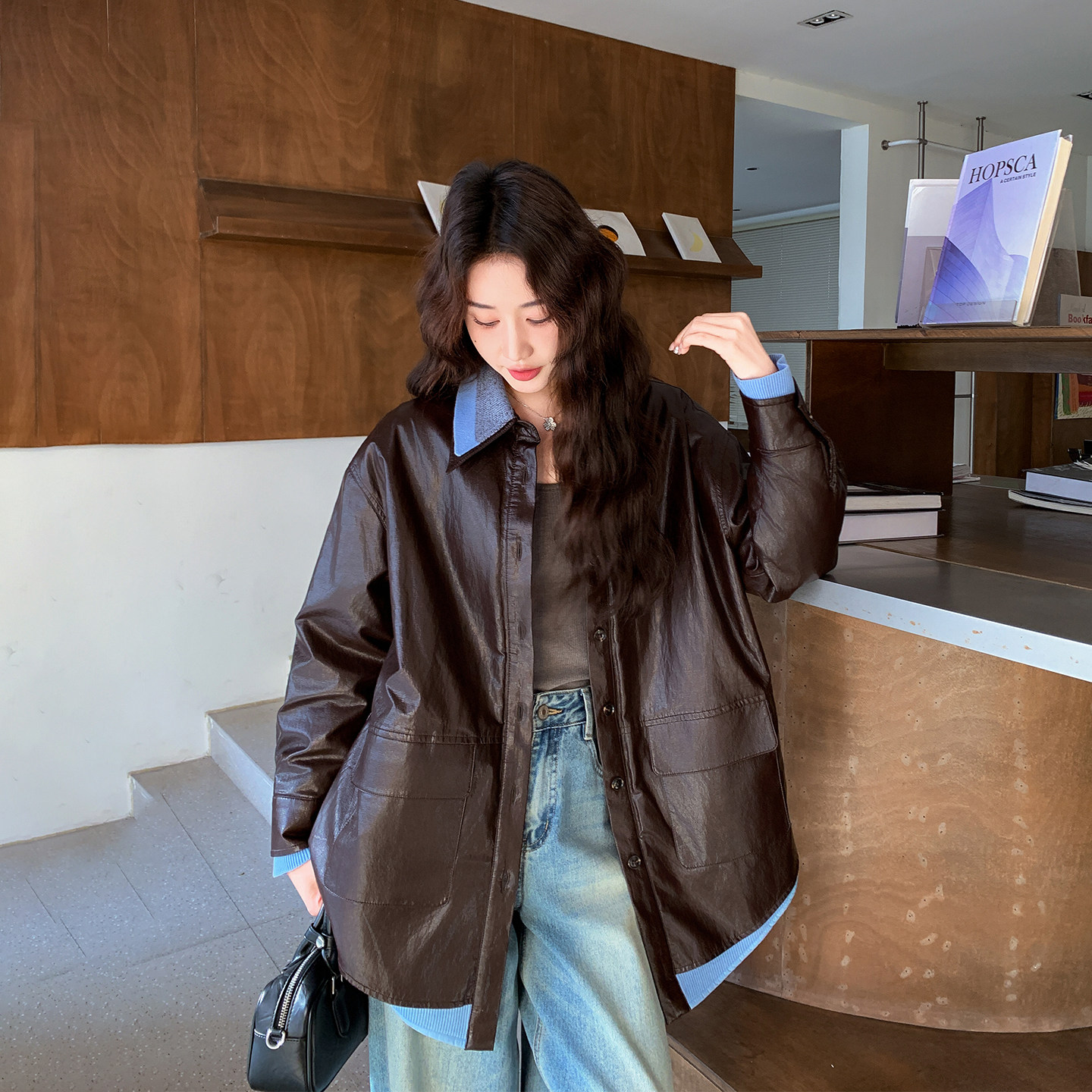 假两件拼接咖色中长款皮衣外套女春季2026新款设计感机车服PU夹克