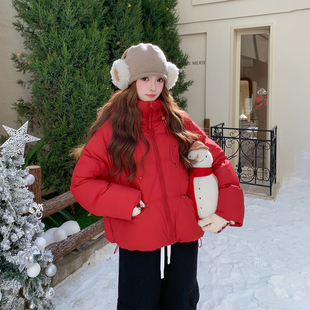 超好看红色连帽短款羽绒服女冬季2025新款小个子百搭保暖洋气外套