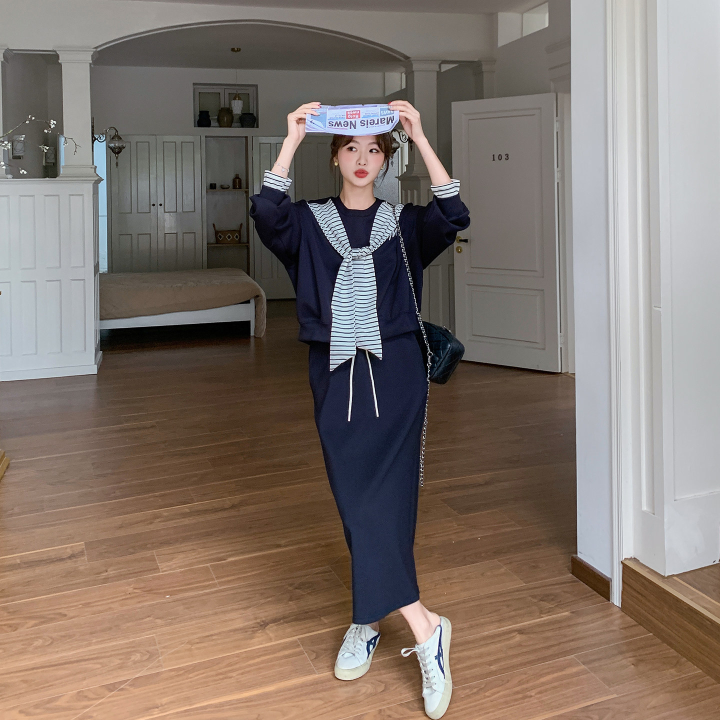 学院风条纹披肩藏青色套装女春季