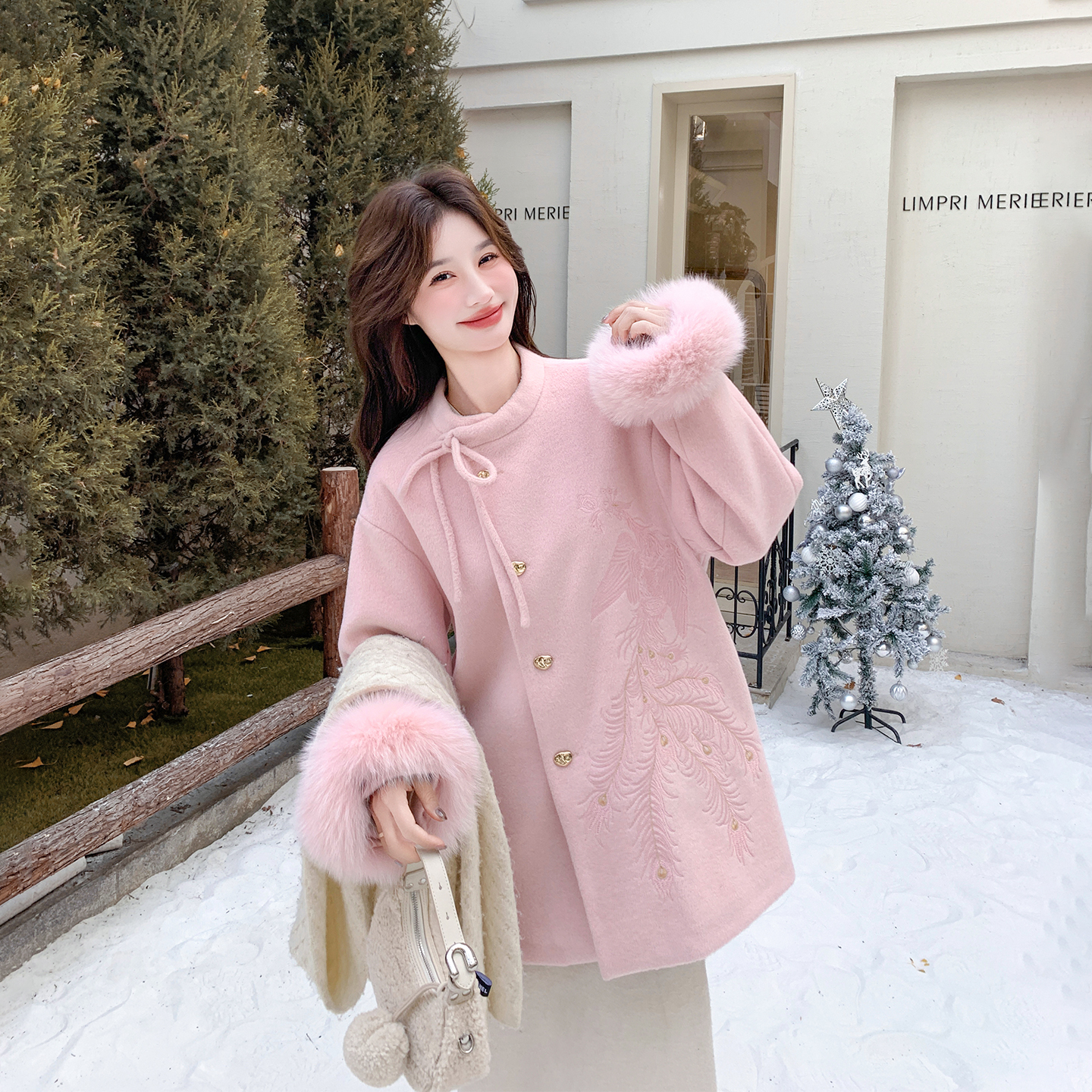 新中式国风粉色甜美90绒羽绒服女