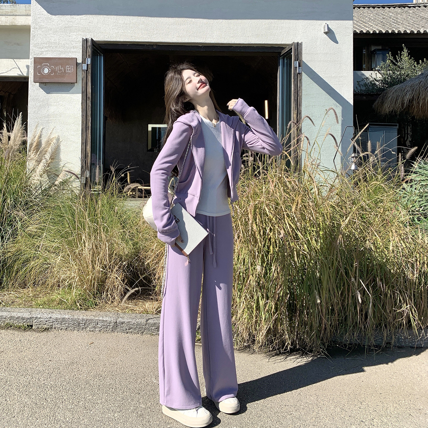 休闲运动风连帽紫色卫衣套装女春季2026新款ootd穿搭阔腿裤两件套