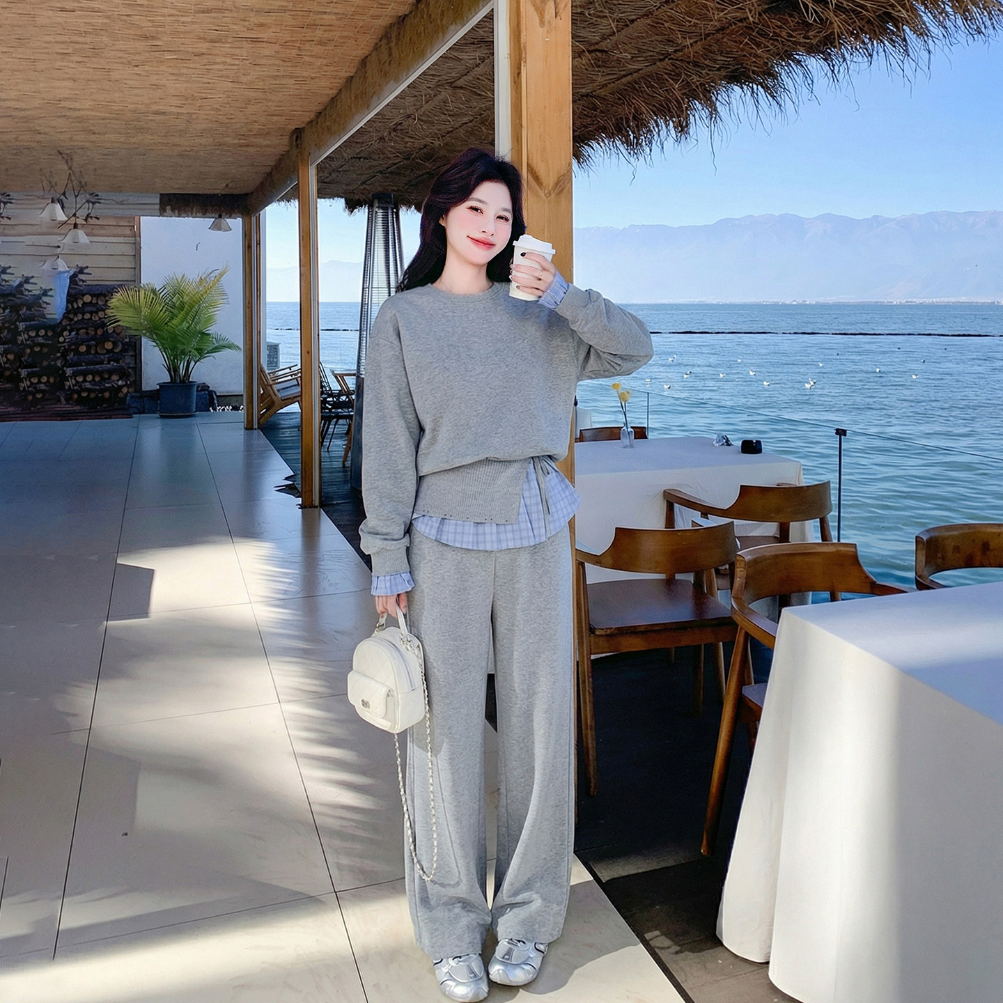松弛感休闲运动灰色格子拼接套装