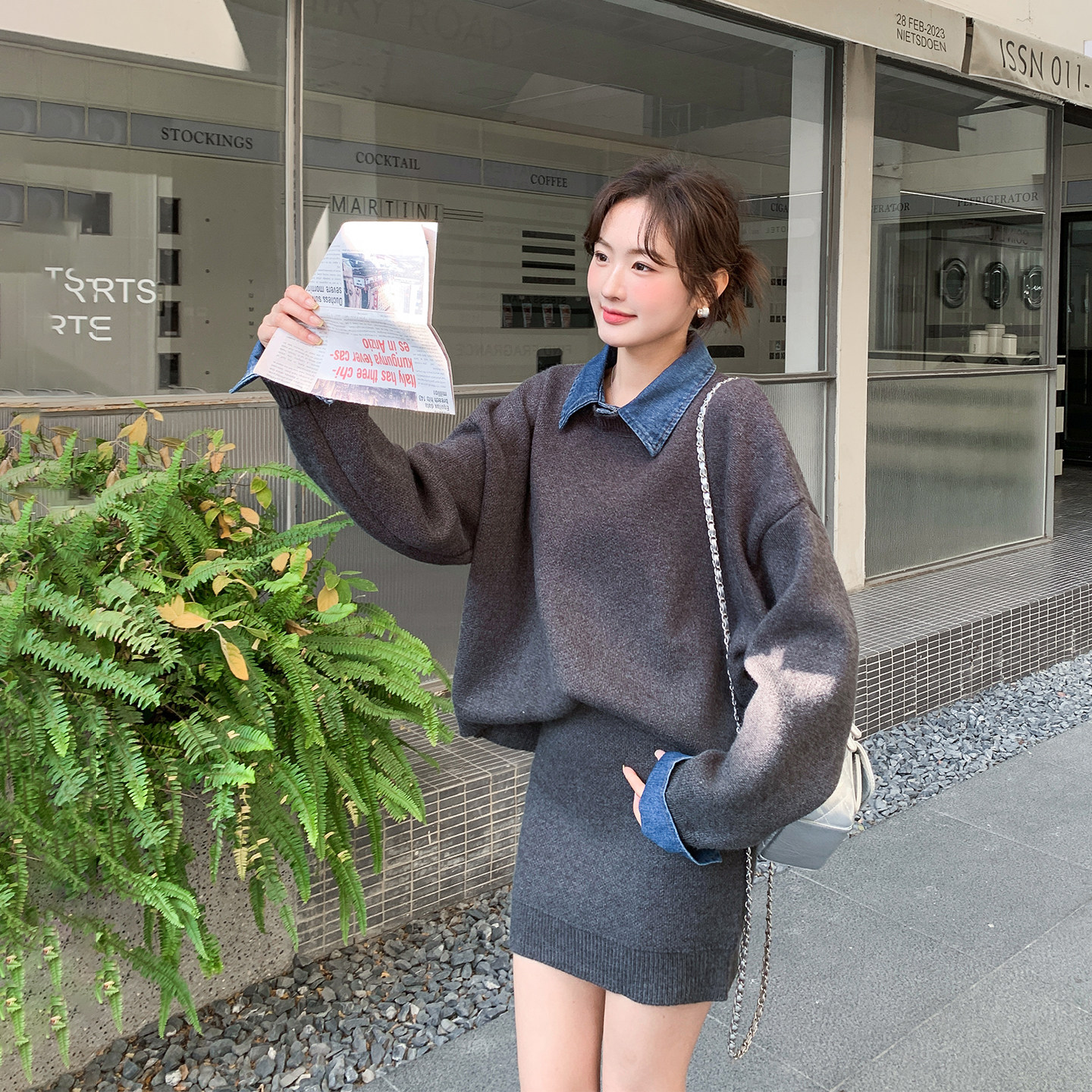 牛仔拼接灰色卫衣短裙套装女春秋2026新款休闲小个子巨好看两件套