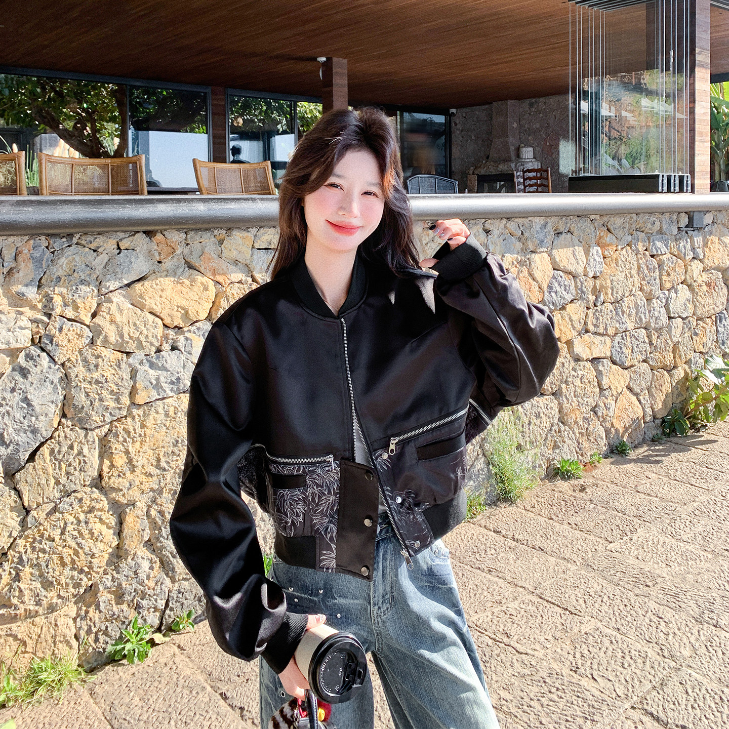 拼接设计感黑色棒球服短外套女春季2026新款机车服小个子百搭夹克