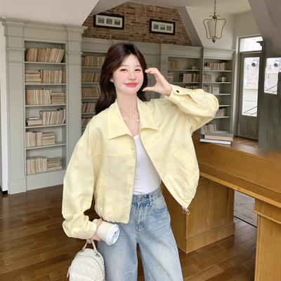 天丝亚麻浅黄色短外套女春季2026