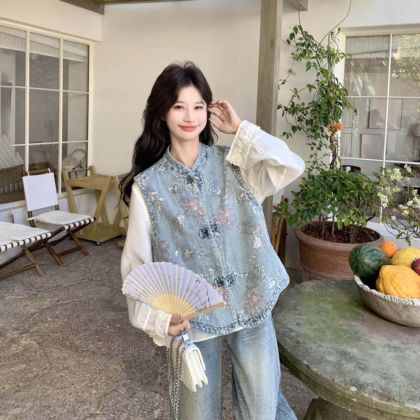 新中式碎花牛仔马甲叠穿衬衫套装