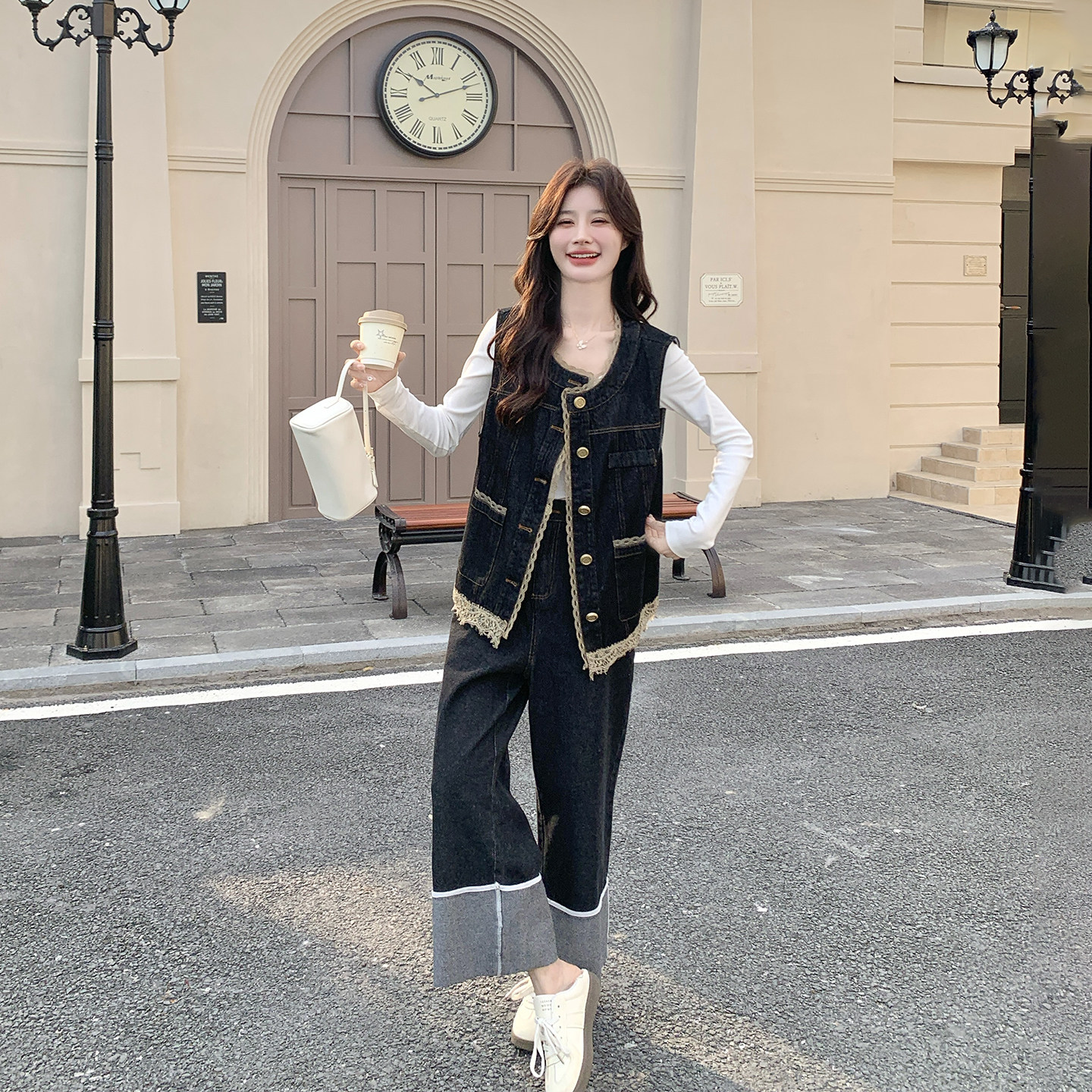 复古设计感牛仔马甲阔腿裤套装女春季2026新款学院风氛围感两件套