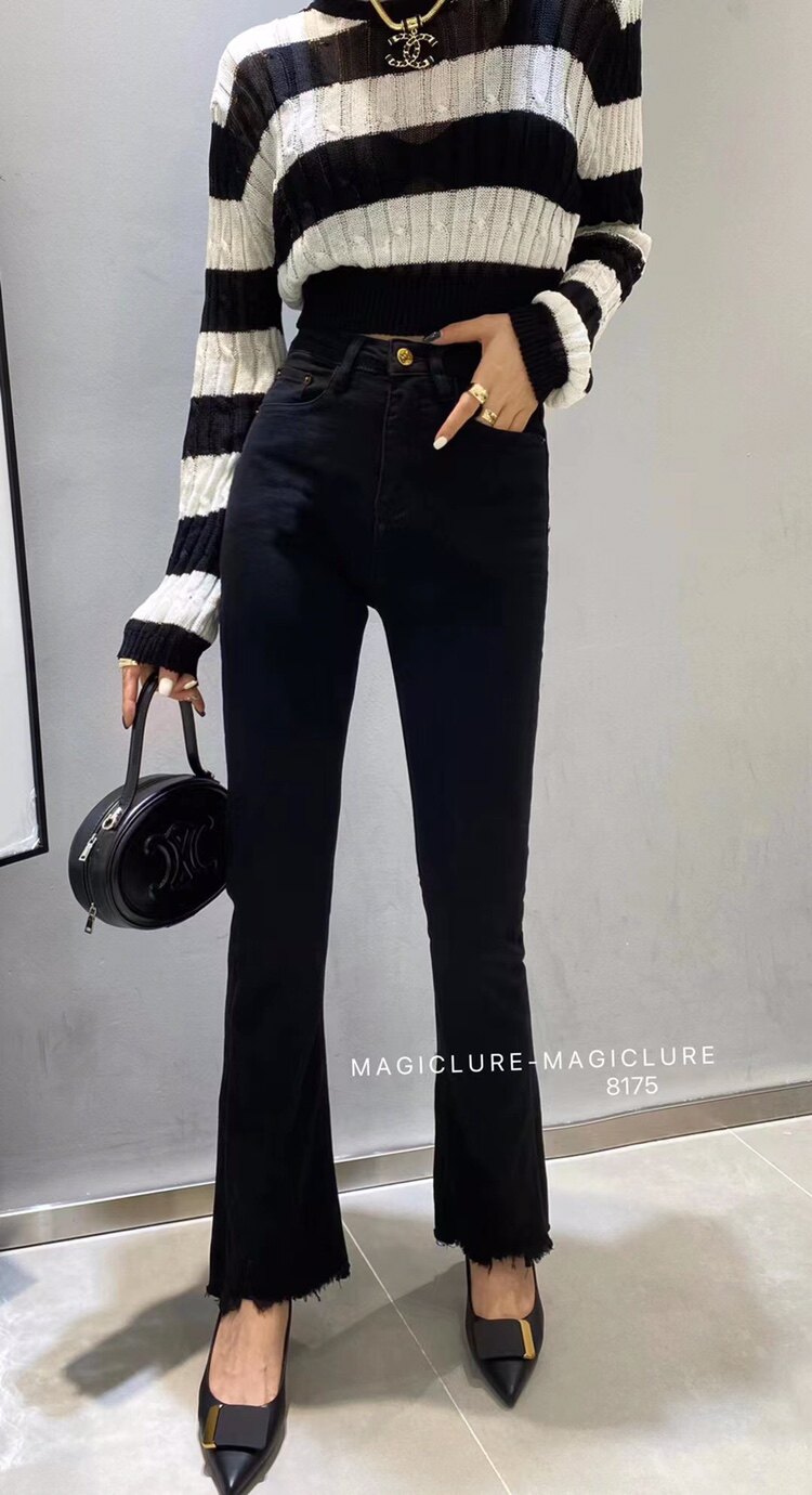 魔力诱惑 8175牛仔裤女秋装新款毛边纯黑色 高弹力九分喇叭裤显瘦