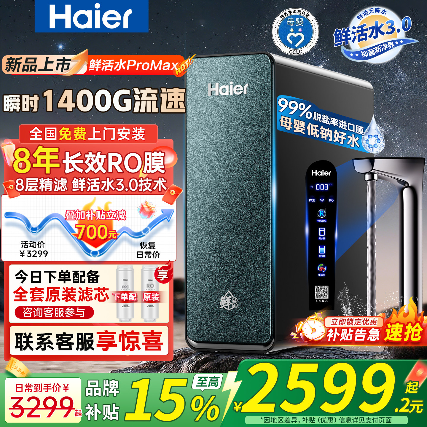 海尔鲜活水ProMax净水器家用直饮厨房自来水过滤器净饮机R889