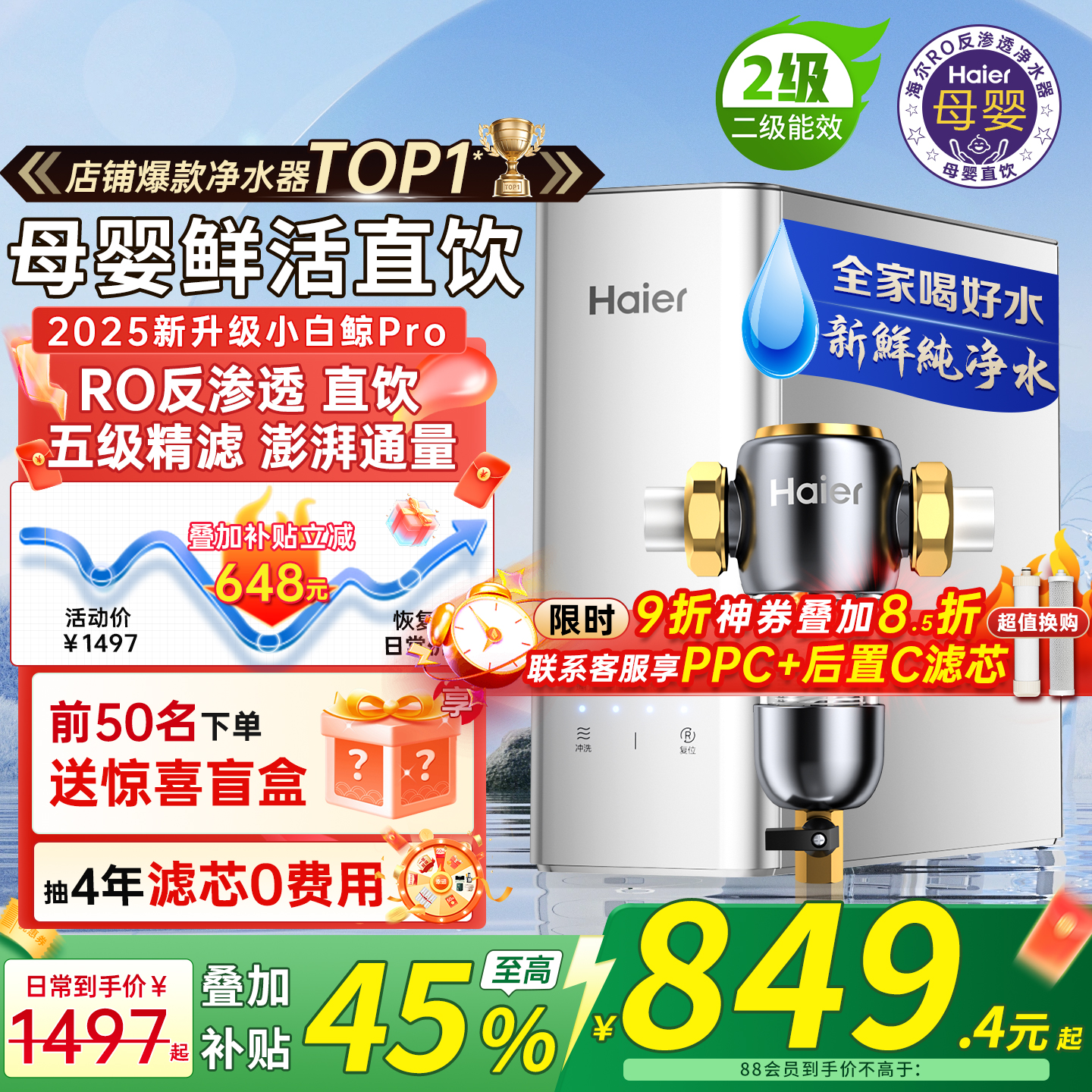 政府补贴海尔净水器家用厨房自来水加热一体ro反渗透新款直饮机