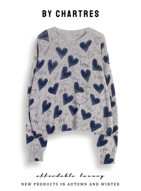 爱心印花针织衫女羊毛衫慵懒风宽松款套头时尚秋冬白搭针织衫外穿