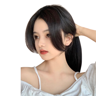 真发八字刘海假发片假发女自然前额中分假刘海网红法式长鬓角贴片