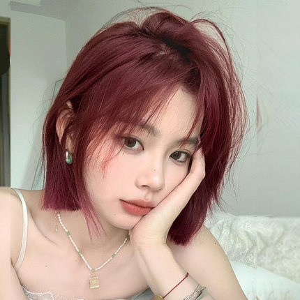 一刀切红色假发短发女网红Lolita齐刘海波波头短直发自然全头套式