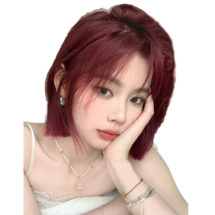 一刀切红色假发短发女网红Lolita齐刘海波波头短直发自然全头套式