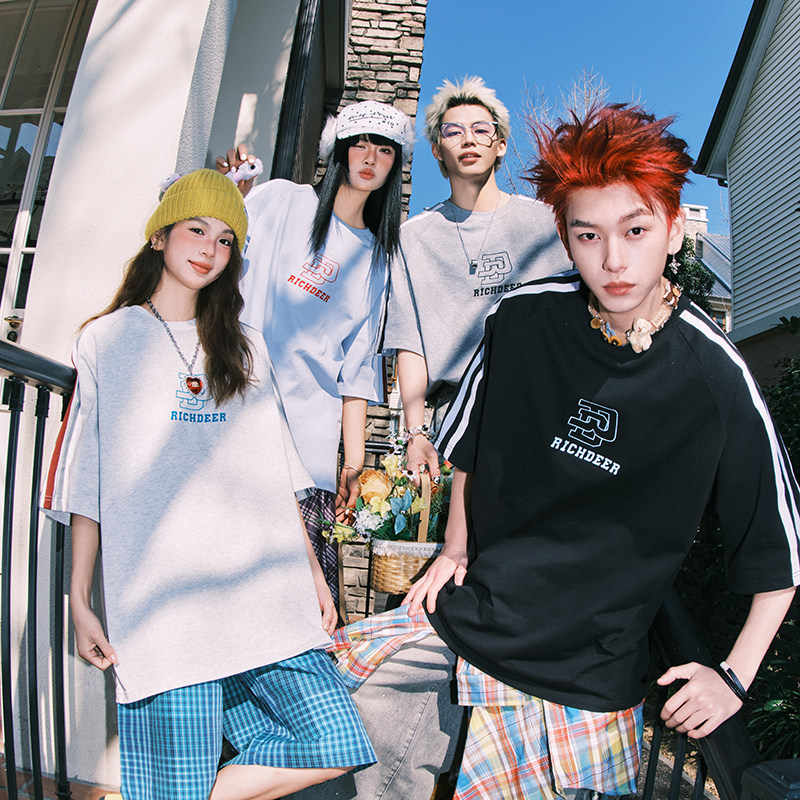 RICHDEER潮牌高街三条杠立体字母半袖tee夏季纯棉宽松情侣短袖T恤,男装,T恤,淘宝优惠券,粉丝福利购,淘宝优惠卷