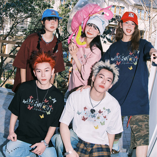 夏季 男2026新款 圆领套头休闲上衣 宽松T恤蝴蝶印花短袖 ADERBEN美式