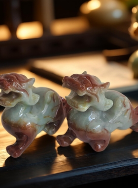 岫玉貔貅摆件小号貔貅玉石雕刻桌面摆件家居饰品一对天禄貔貅皮丘