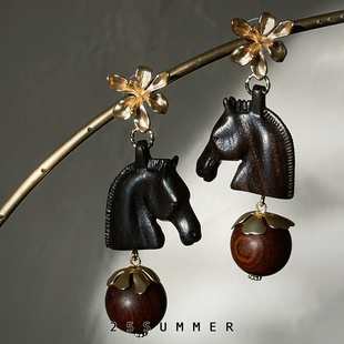 25SUMMER原创 骅瑶 复古轻奢磨砂金天然黑檀木木珠耳环马年本命年
